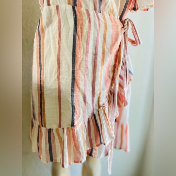 Express Cotton Blend Stripe Ruffle Wrap Dress in Cream Pink Size Medium - Picture 7 of 13